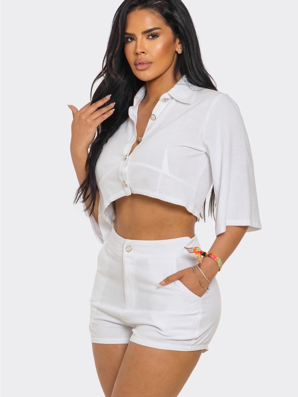 Cropped Button-Front White Linen Set - Picture 4 of 5